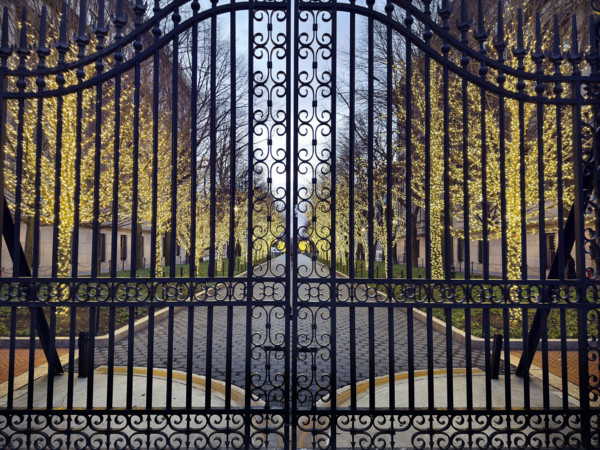 Entrance Gate at College Walk at dusk with illuminated lights wrapped around trees, Columbia
