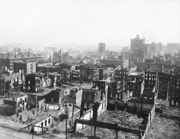 California Street looking north from Battery Street after earthquake; low building on left with