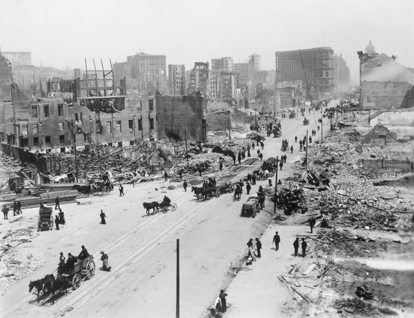 Damaged buildings at Market Street, west of Powell and Fifth Streets, showing area east of Taylor