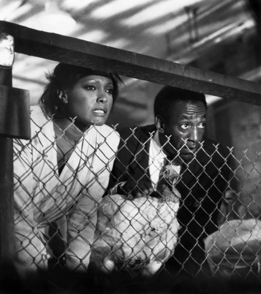 Pat Colbert, Bill Cosby, on-set of the film, "Leonard Part 6", Columbia Pictures, 1987