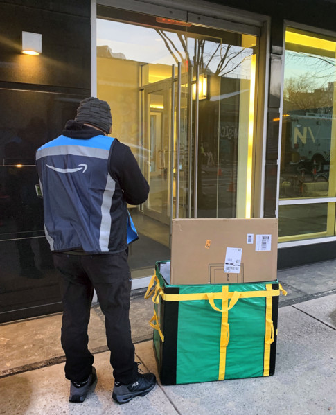 Amazon delivery to apartment building, Williamsburg, Brooklyn, New York, USA