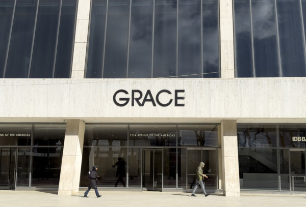 W.R. Grace Building, close-up exterior view of building sign and entrance, West 42nd Street, New