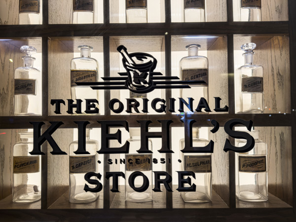 Kiehl's flagship store, glass bottles on display, 109 Third Avenue, New York City, New York, USA