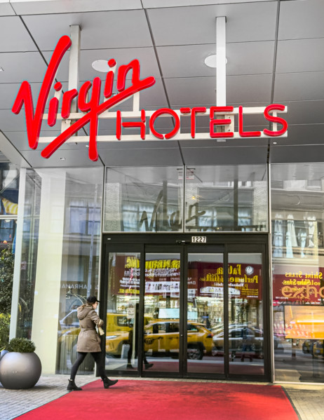 Virgin Hotels, exterior sign detail and entrance, New York City, New York, USA