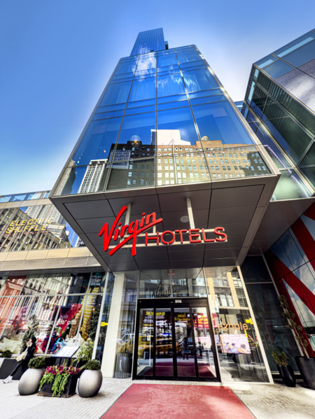 Virgin Hotel, low angle view of building exterior and entrance, New York City, New York, USA