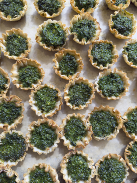 High angle view of mini spanakopita pies