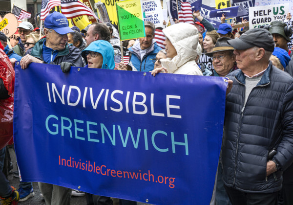 Demonstrators participating in "Hands Off" National Day of Action Protest, New York City, New York,