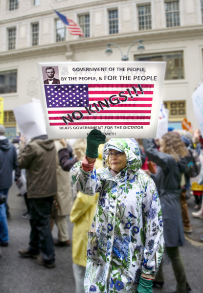 Demonstrators participating in "Hands Off" National Day of Action Protest, New York City, New York,