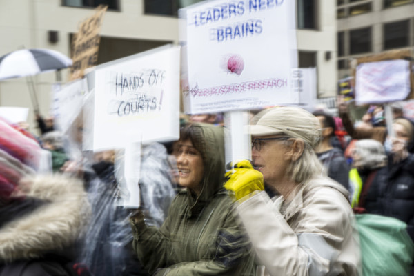 Demonstrators participating in "Hands Off" National Day of Action Protest, New York City, New York,