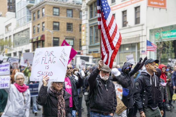 Demonstrators participating in "Hands Off" National Day of Action Protest, New York City, New York,
