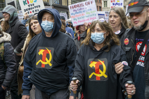 Demonstrators participating in "Hands Off" National Day of Action Protest, New York City, New York,