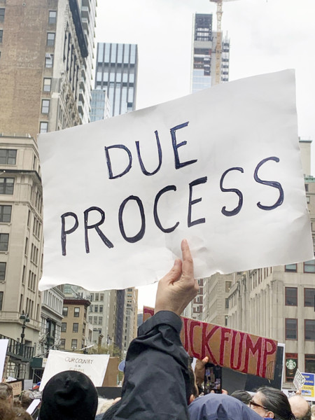 Demonstrators participating in "Hands Off" National Day of Action Protest, Fifth Avenue, New York