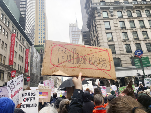Demonstrators participating in "Hands Off" National Day of Action Protest, Fifth Avenue, New York