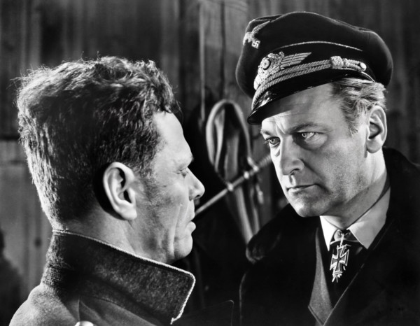 Curd Jurgens (right), on-set of the West German  film, "The Devil's General",  original German