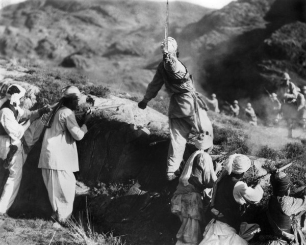 Battle scene, on-set of the British  film, "The Drum", U.S. title: "Drums, United Artists, 1938