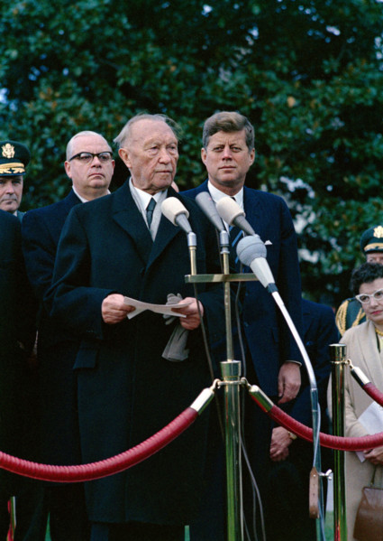 U.S. President John F. Kennedy looking on as Chancellor of West Germany, Dr. Konrad Adenauer,