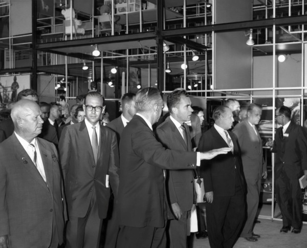 Soviet Premier Nikita Khrushchev and U.S. Vice President Richard M. Nixon touring the American