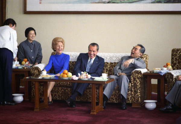 U.S. President Richard M. Nixon and U.S. First Lady Pat Nixon have Tea and Laugh while seated with