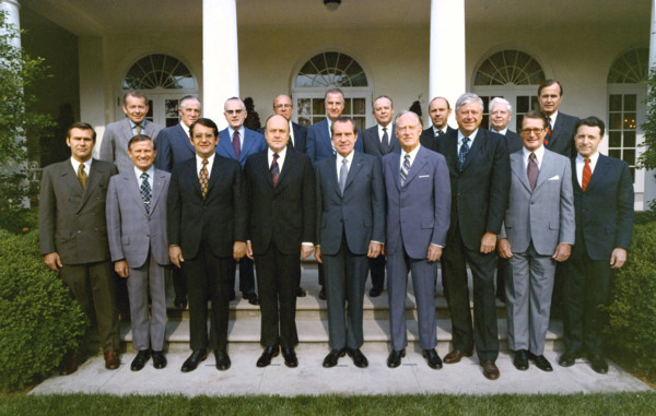 U.S. President Richard M. Nixon and his 1972 cabinet members Donald Rumsfeld, John A. Volpe, Peter