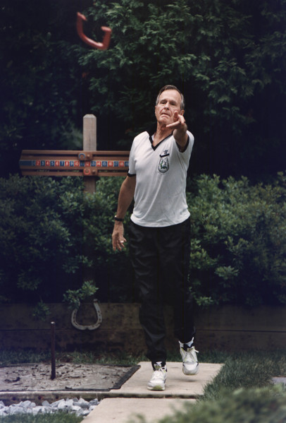 U.S. President George H.W. Bush participating in annual horseshoe tournament at the White House