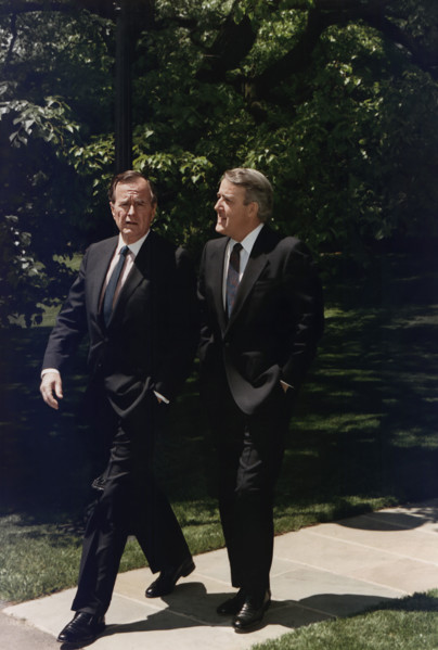 U.S. President George H.W. Bush walking with Canadian Prime Minister Brian Mulroney on White House