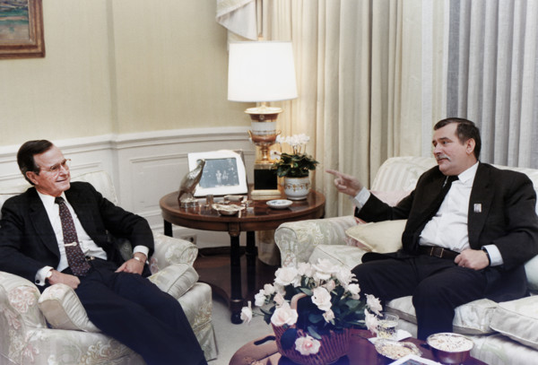 U.S. President George H.W. Bush meeting privately with Polish Solidarity Leader Lech Walesa of