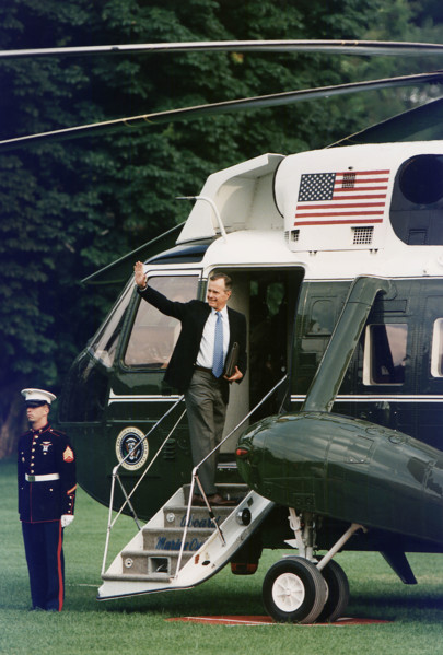 U.S. President George H.W. Bush departing South Lawn of White House aboard Marine One, Washington,