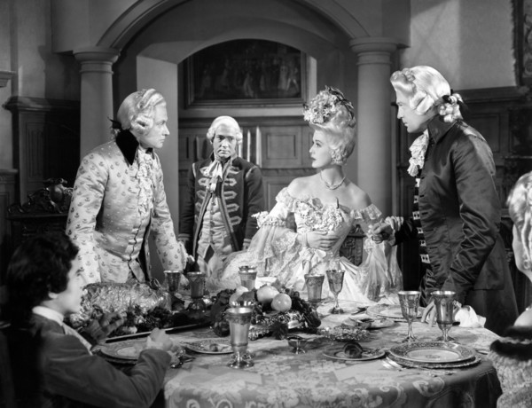 George Macready, Anita Louise, John Loder, on-set of the film, "The Fighting Guardsman", Columbia