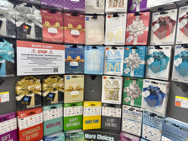 Display of gift cards for sale