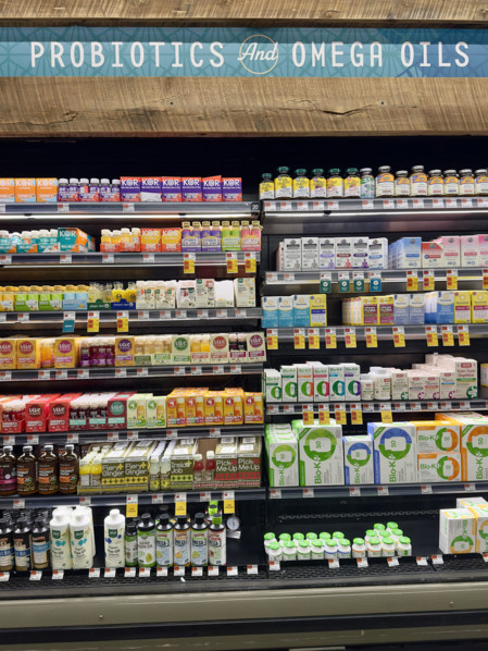 Probiotic and omega oils products on store shelves