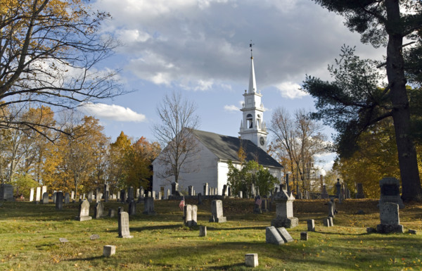 Church and grave yard on Autumn day