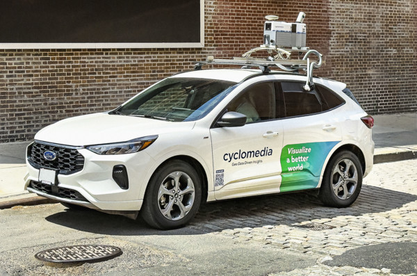 Cyclomedia car with camera equipment on roof used for capturing visual data from public spaces, New York City