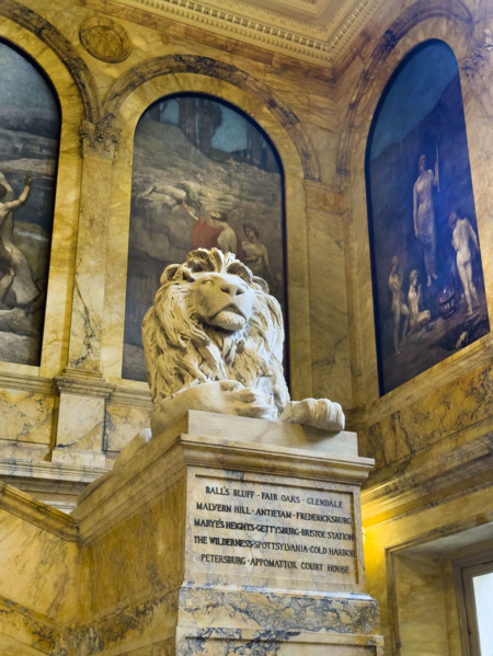 Lion statue, Chavannes Gallery with murals by Pierre Puvis de Chavannes, McKim Building, Boston Public Library