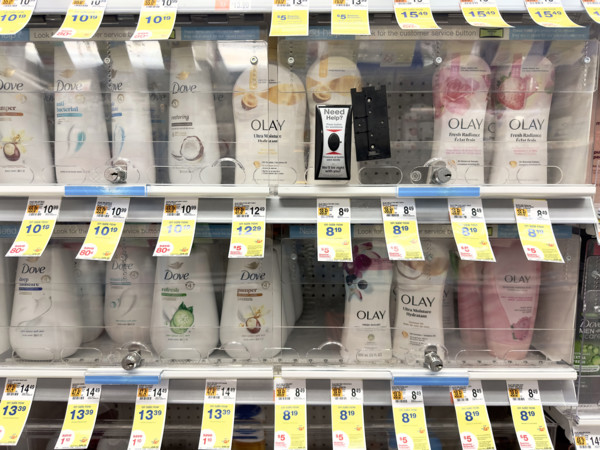 Display of body wash and skin lotion on sale, New York City