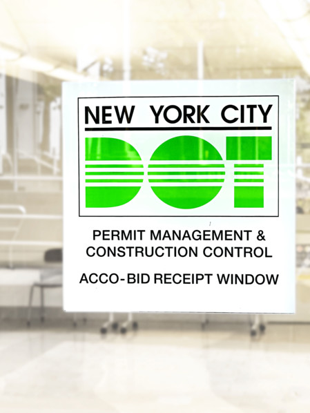 Department of Transportation office receipt window, NYC DOT sign on window, Manhattan, New York City