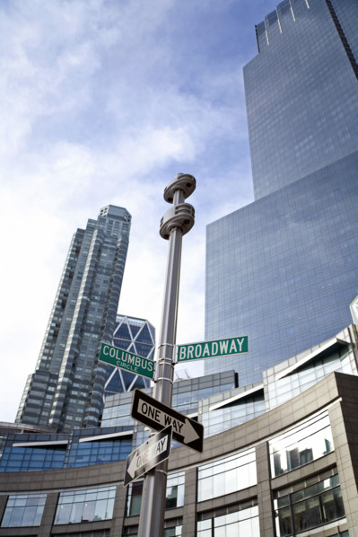 Low angle view of cityscape at Columbus Circle and Broadway, New York City