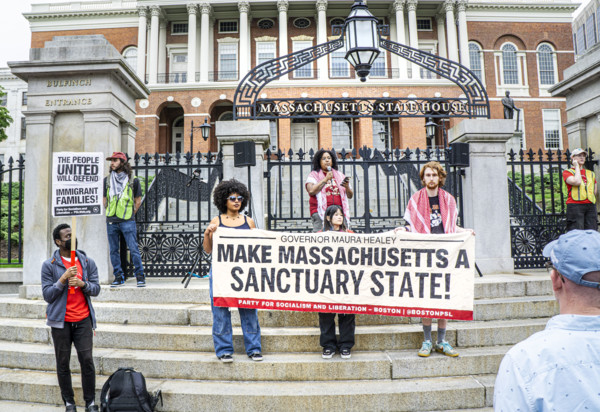 Immigrant rights supporters attending Anti- ICE protest, Boston State House, May 17, 2025,