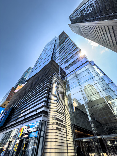Eleven Times Square, building exterior, low angle view, 640 Eighth Avenue, Manhattan, New York
