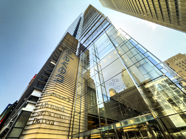 Eleven Times Square, building exterior, low angle view, 640 Eighth Avenue, Manhattan, New York