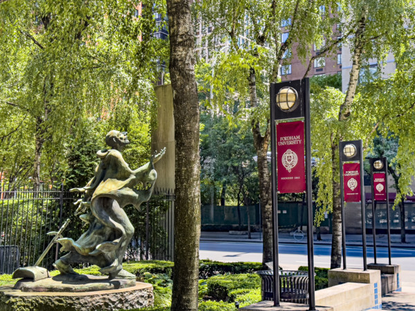 Fordham University, campus sculpture and street scene, Lincoln Center Campus, Manhattan, New York