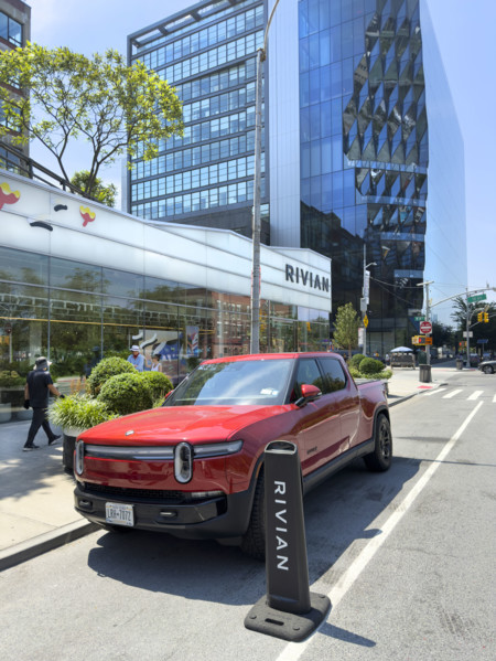Rivian electric truck and showroom exterior, 461 West 14th Street, Meatpacking District, Manhattan,