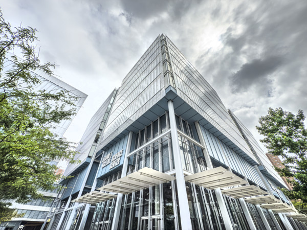 Jerome L. Greene Science Center, Columbia University, building exterior against ominous gray sky,