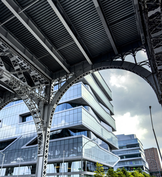 Henry R. Kravis Hall and detail of elevated Riverside Drive Viaduct, Columbia University Business