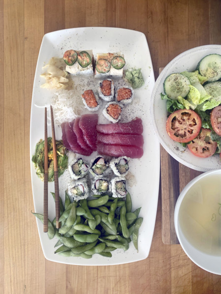 Plate of sushi, high angle view