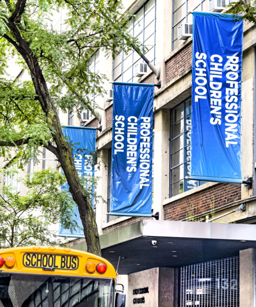 Professional Children's School, a college-preparatory school, building exterior detail and yellow