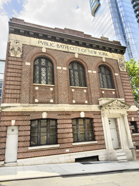 Gertrude Ederle Recreation Center, formerly a public bathhouse, building exterior with inscription