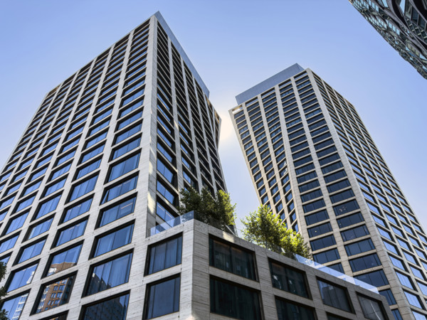 One High Line, pair of residential condominium buildings, building exterior, low angle view, 500