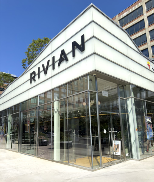 Rivian electric vehicle showroom exterior, 461 West 14th Street, Meatpacking District, Manhattan,