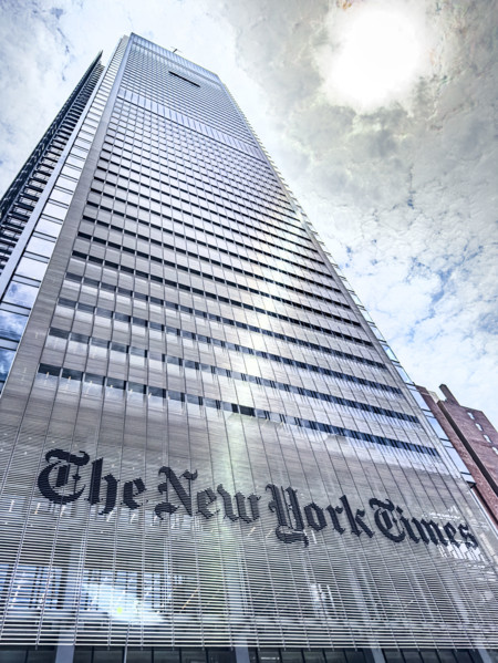 The New York Times Building against dramatic sky, low angle view, 620 Eighth Avenue, Manhattan, New