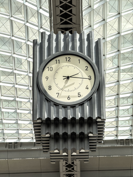 Skylight and hanging 4-sided clock above passenger concourse, Moynihan Train Hall, Pennsylvania